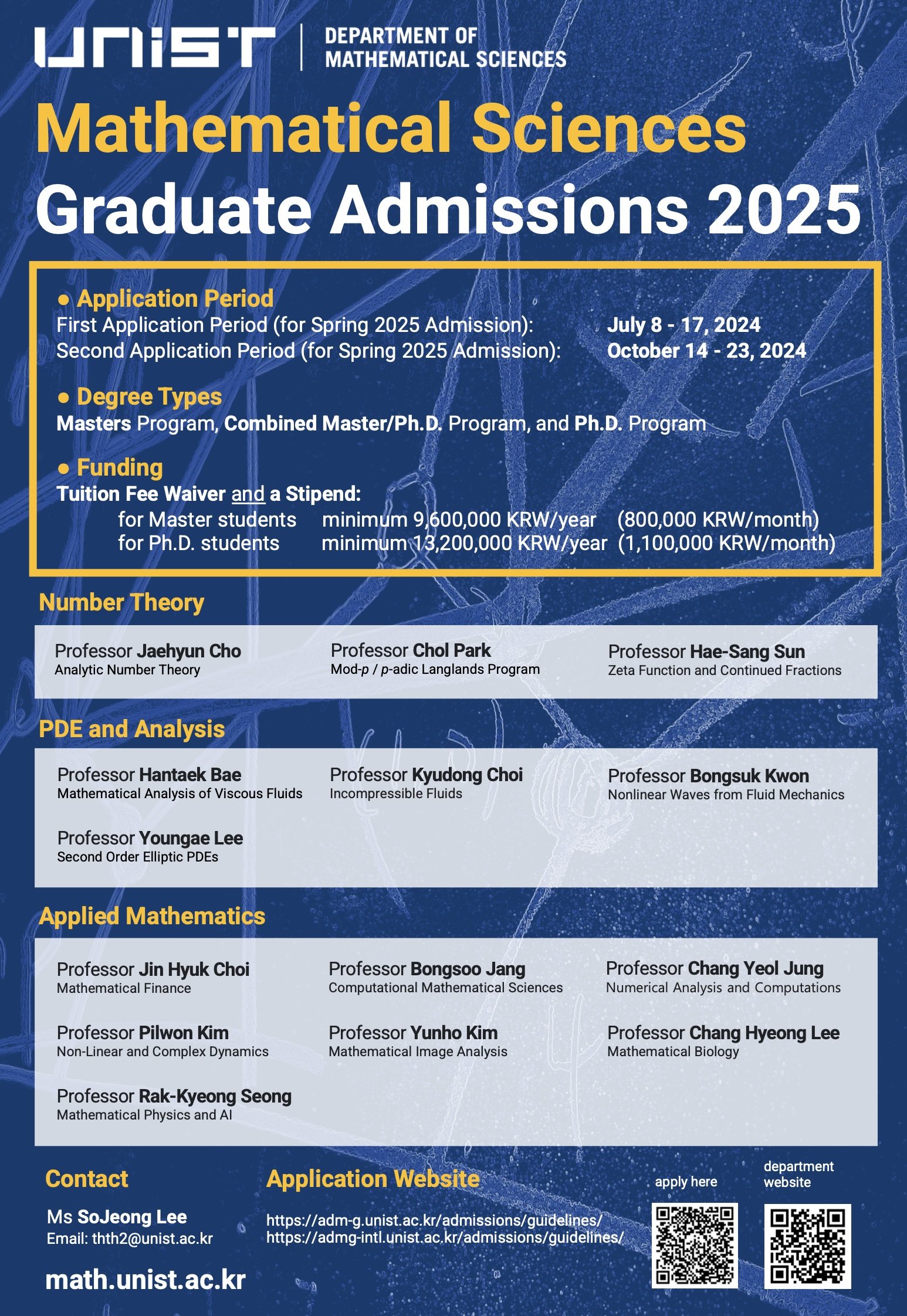 Poster: Mathematical Sciences Graduate Admissions 2025, Department of Mathematical Sciences, UNIST