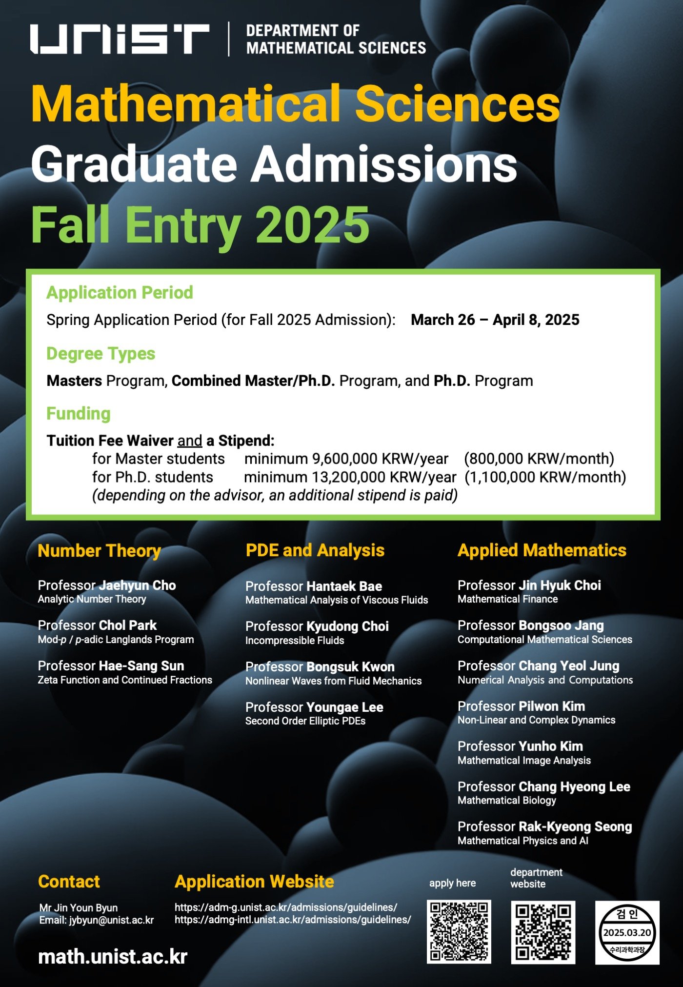 Poster: Mathematical Sciences Graduate Admissions, Fall Entry 2025, Department of Mathematical Sciences, UNIST
