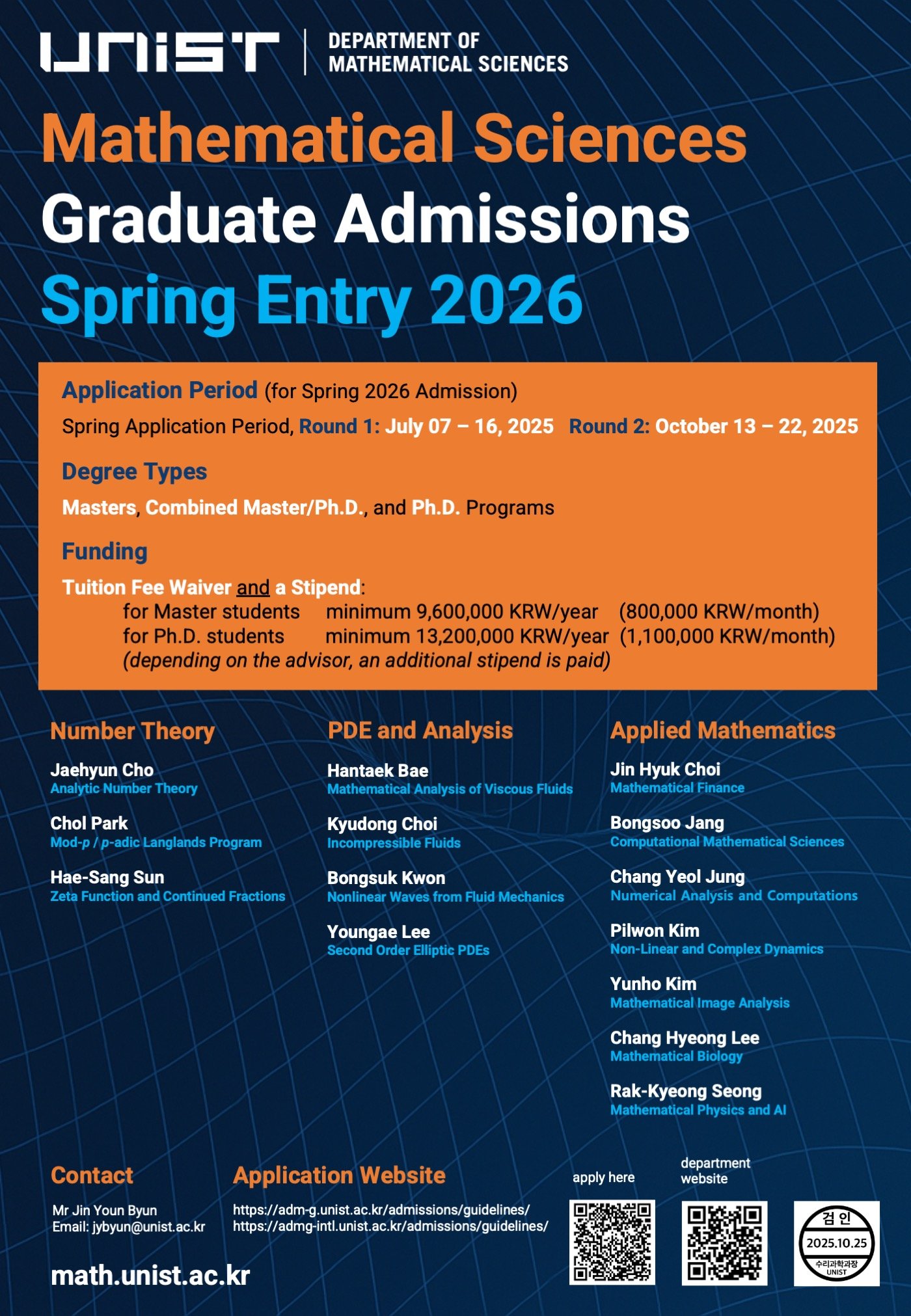 Poster: Mathematical Sciences Graduate Admissions, Spring Entry 2026, Department of Mathematical Sciences, UNIST